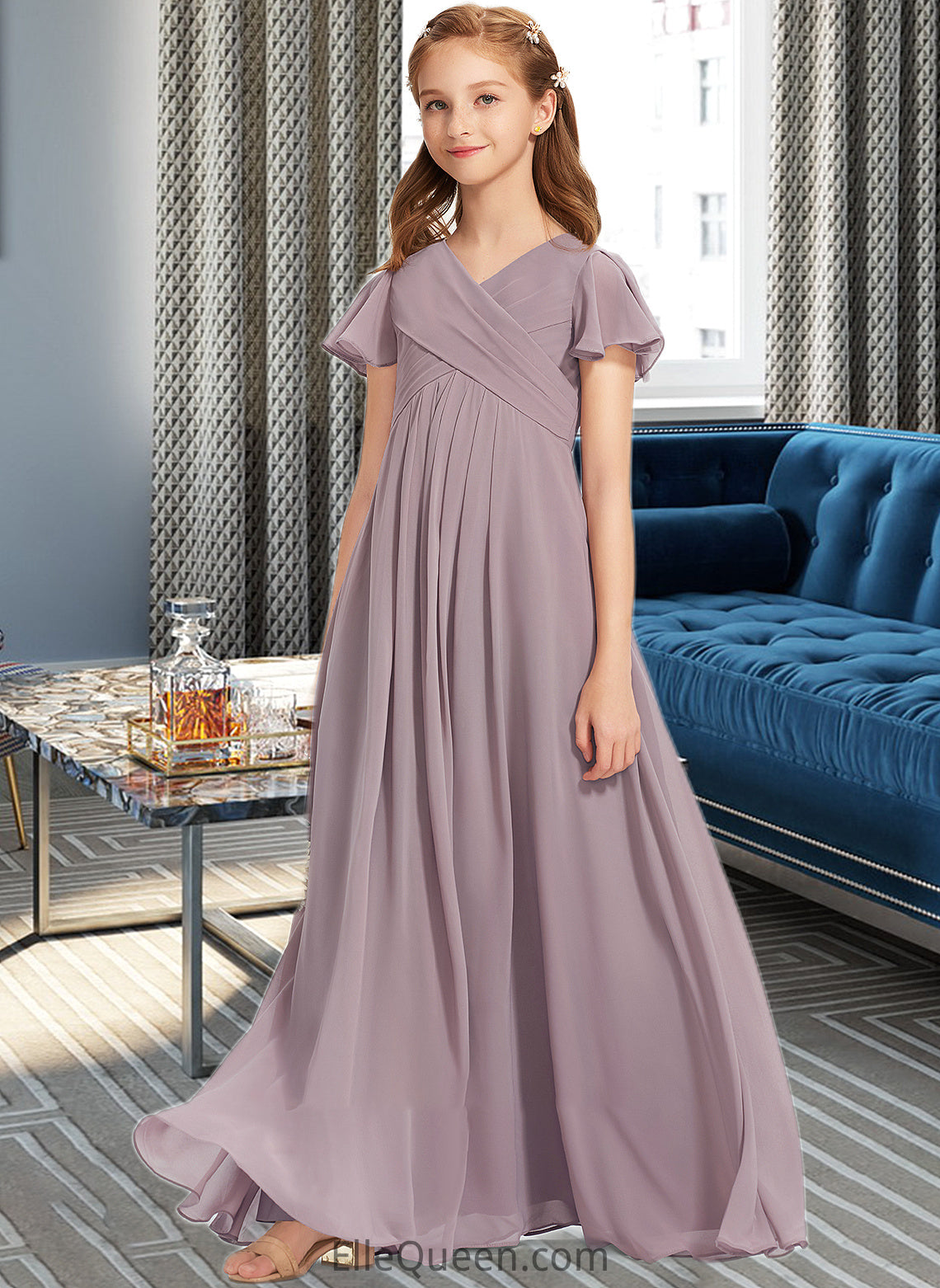 Veronica A-Line V-neck Floor-Length Chiffon Junior Bridesmaid Dress With Ruffle DGP0013554