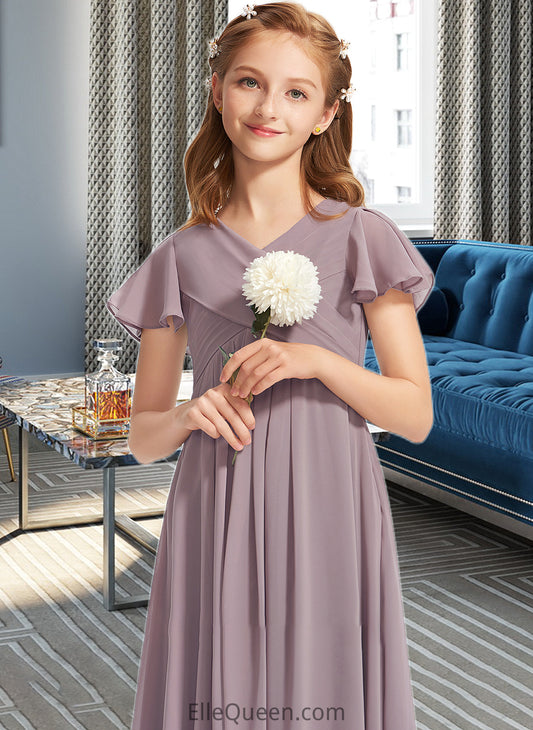 Veronica A-Line V-neck Floor-Length Chiffon Junior Bridesmaid Dress With Ruffle DGP0013554