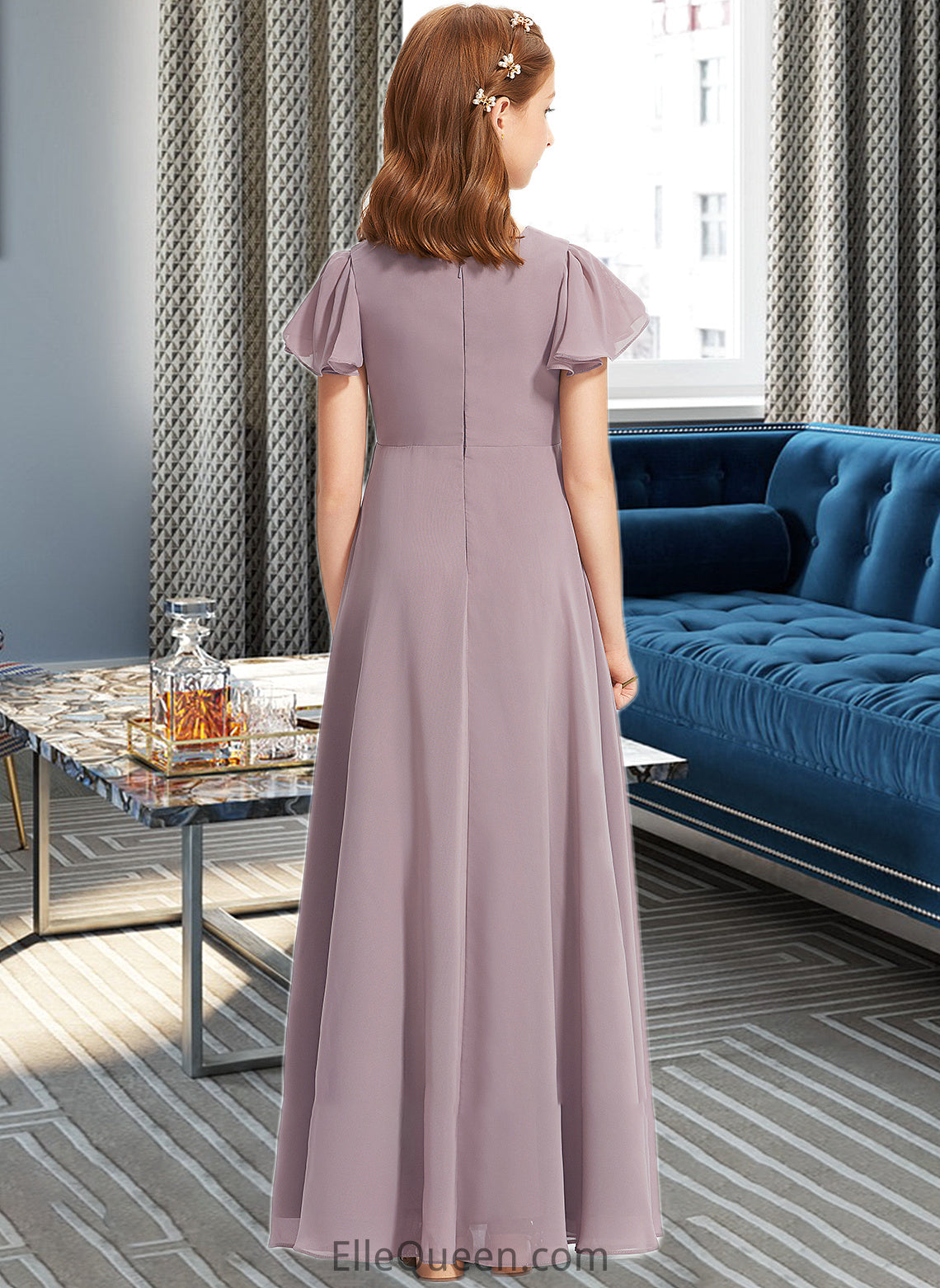 Veronica A-Line V-neck Floor-Length Chiffon Junior Bridesmaid Dress With Ruffle DGP0013554