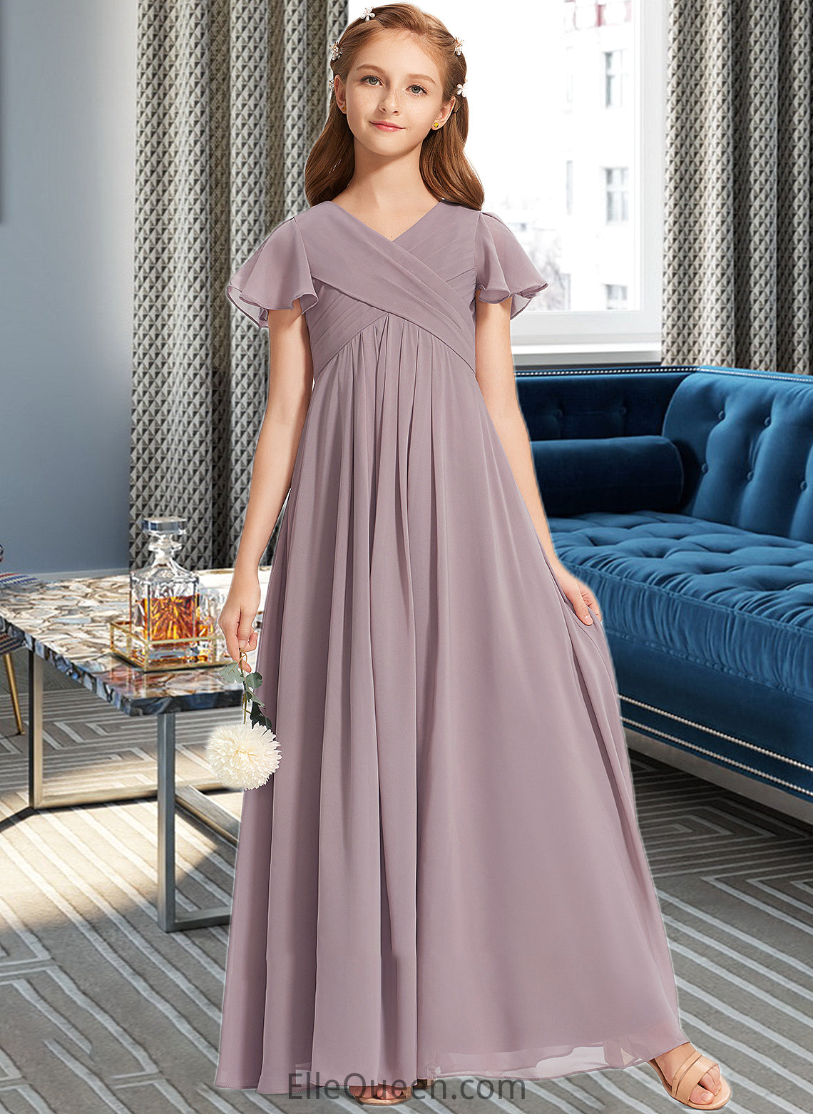 Veronica A-Line V-neck Floor-Length Chiffon Junior Bridesmaid Dress With Ruffle DGP0013554