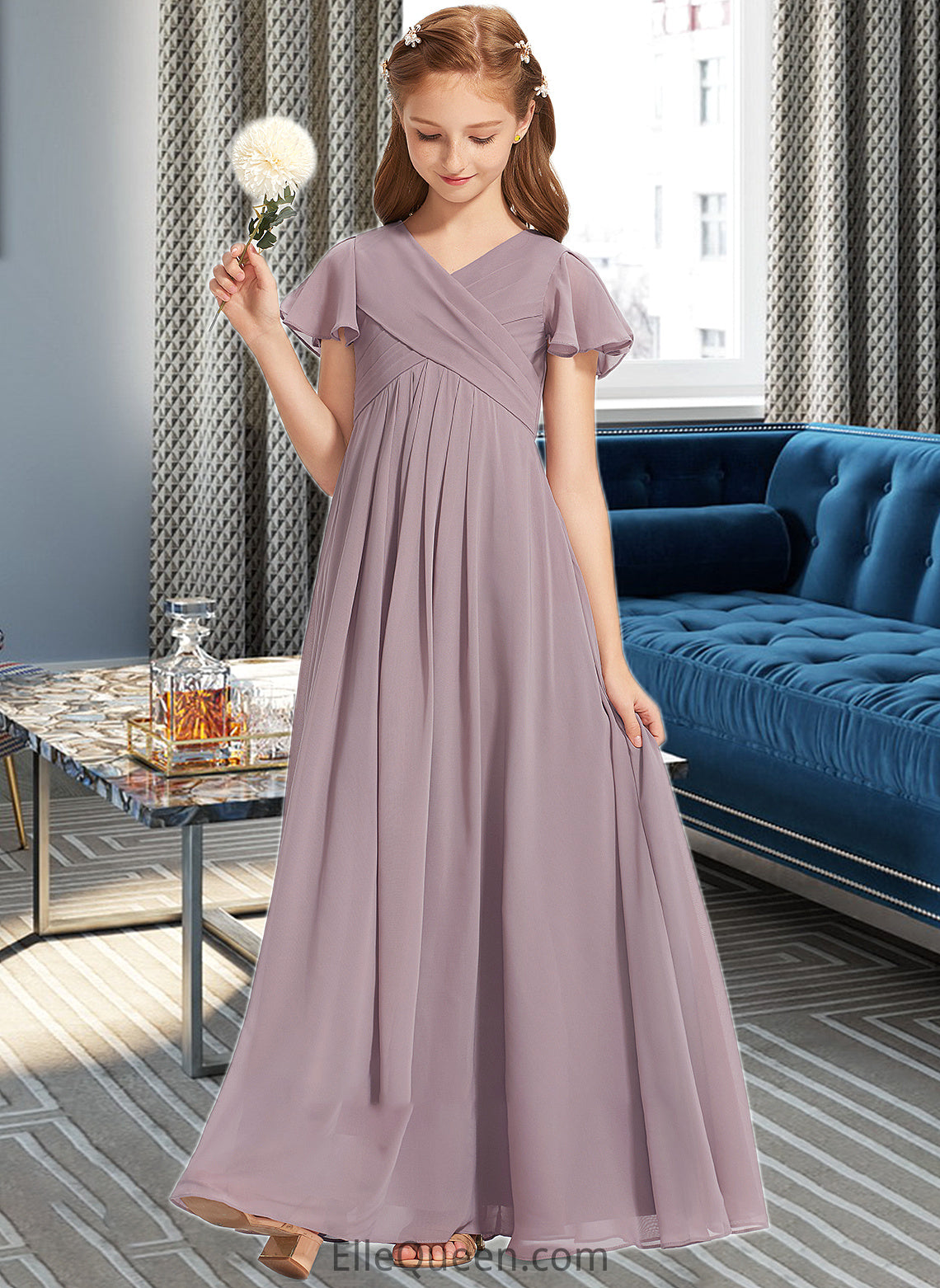 Veronica A-Line V-neck Floor-Length Chiffon Junior Bridesmaid Dress With Ruffle DGP0013554