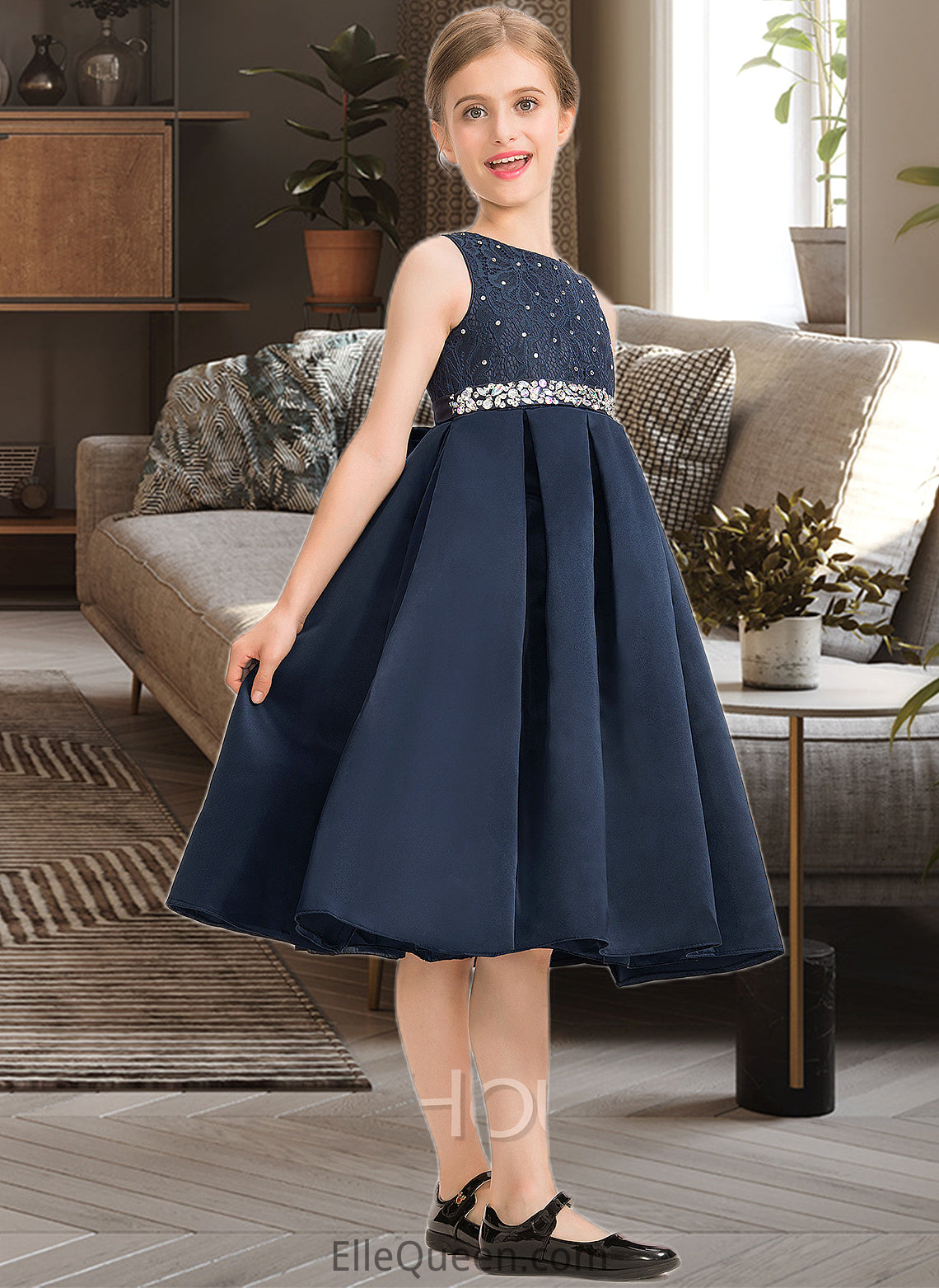 Sasha A-Line Scoop Neck Knee-Length Satin Lace Junior Bridesmaid Dress With Beading Bow(s) DGP0013559