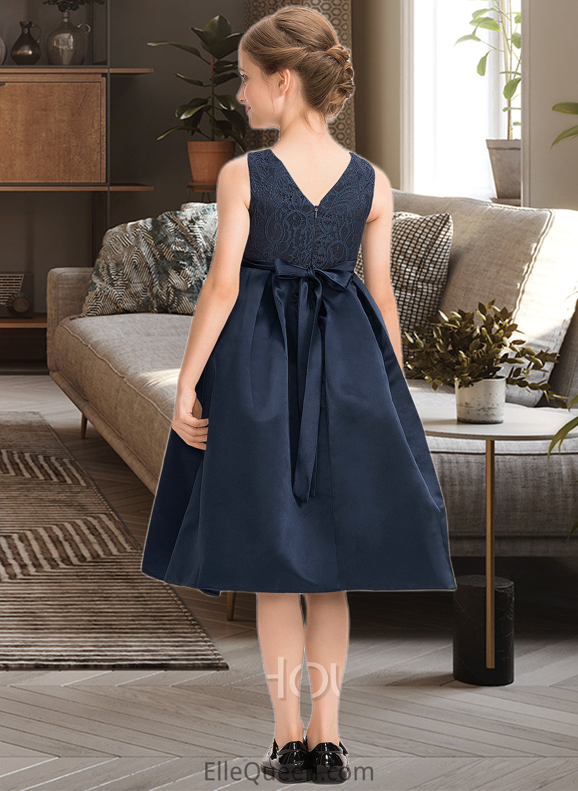 Sasha A-Line Scoop Neck Knee-Length Satin Lace Junior Bridesmaid Dress With Beading Bow(s) DGP0013559