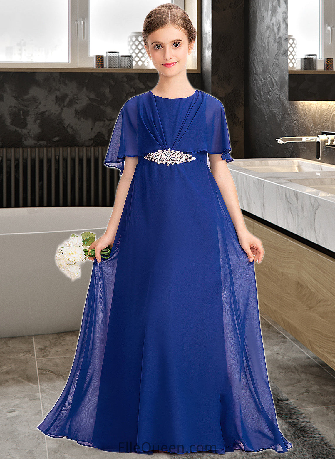 Hailee A-Line Scoop Neck Floor-Length Chiffon Junior Bridesmaid Dress With Ruffle Beading DGP0013560