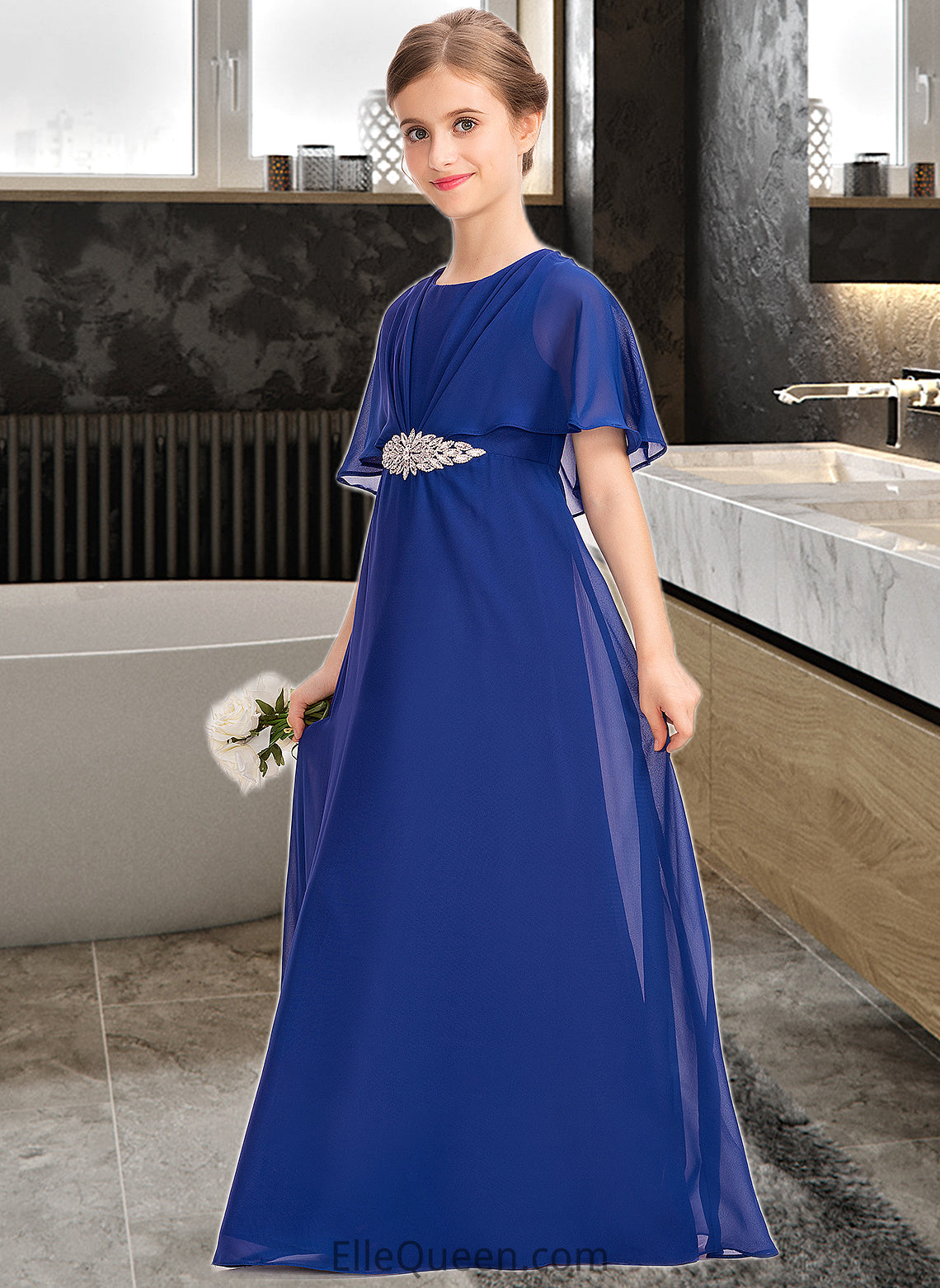 Hailee A-Line Scoop Neck Floor-Length Chiffon Junior Bridesmaid Dress With Ruffle Beading DGP0013560