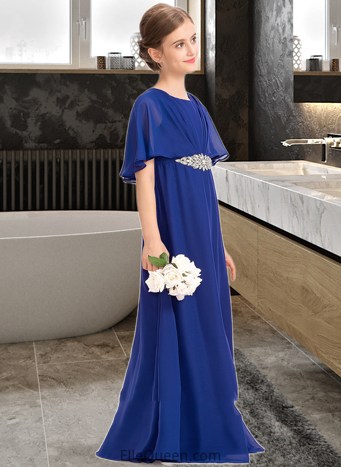 Hailee A-Line Scoop Neck Floor-Length Chiffon Junior Bridesmaid Dress With Ruffle Beading DGP0013560