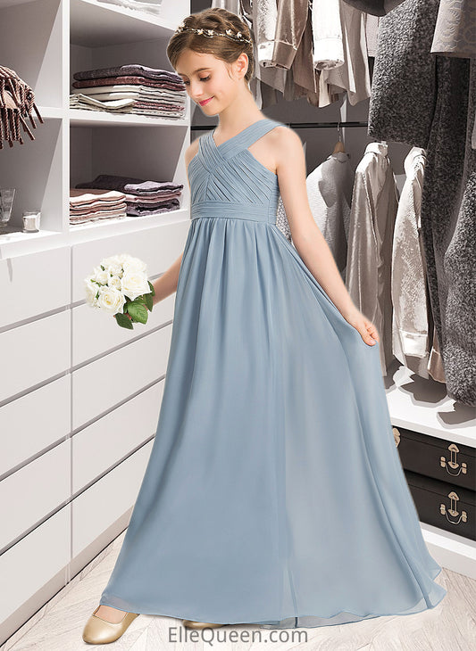 Kaylee A-Line V-neck Floor-Length Chiffon Junior Bridesmaid Dress With Ruffle DGP0013561