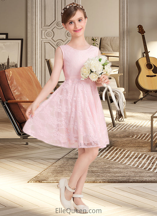 Alexandria A-Line Scoop Neck Knee-Length Lace Junior Bridesmaid Dress With Sash Bow(s) DGP0013563