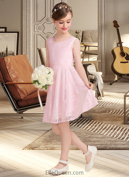 Alexandria A-Line Scoop Neck Knee-Length Lace Junior Bridesmaid Dress With Sash Bow(s) DGP0013563