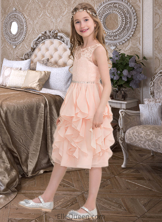 Akira A-Line Scoop Neck Knee-Length Chiffon Junior Bridesmaid Dress With Beading Sequins Cascading Ruffles DGP0013565