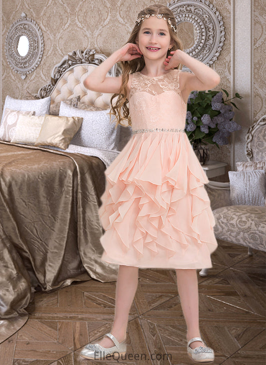 Akira A-Line Scoop Neck Knee-Length Chiffon Junior Bridesmaid Dress With Beading Sequins Cascading Ruffles DGP0013565