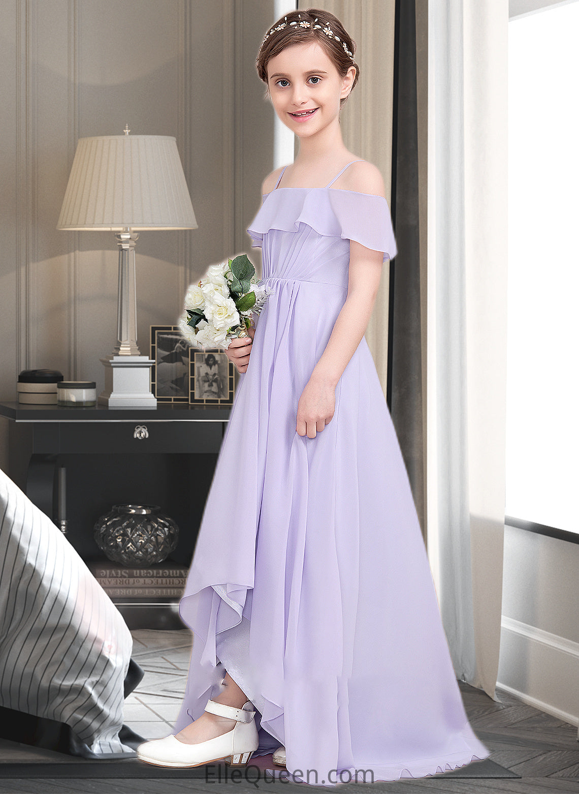 Daniella A-Line Off-the-Shoulder Asymmetrical Chiffon Junior Bridesmaid Dress With Cascading Ruffles DGP0013566