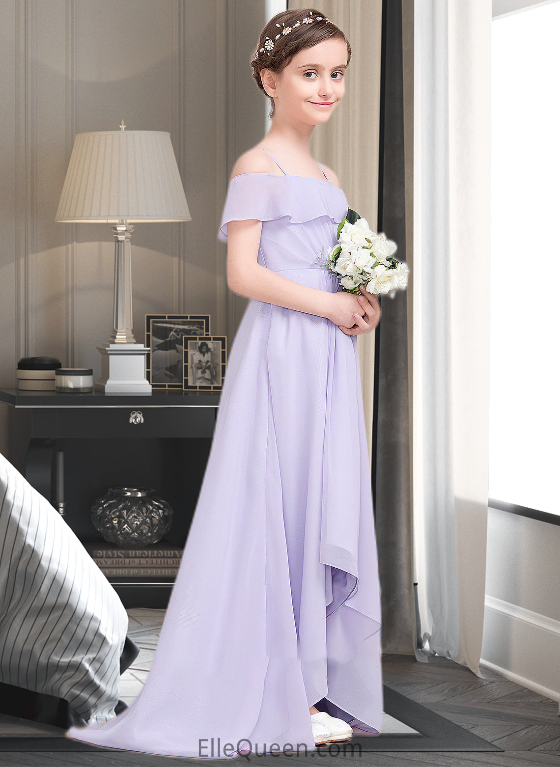 Daniella A-Line Off-the-Shoulder Asymmetrical Chiffon Junior Bridesmaid Dress With Cascading Ruffles DGP0013566