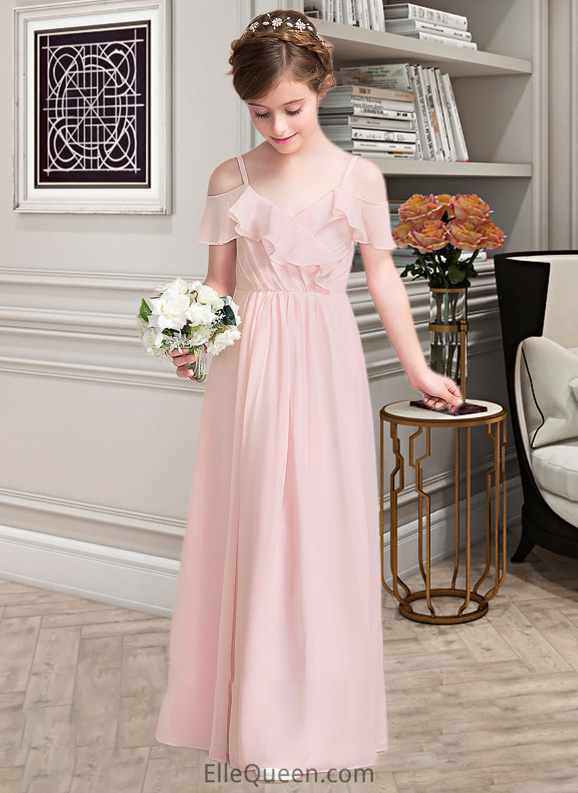 Gabriela A-Line V-neck Floor-Length Chiffon Junior Bridesmaid Dress With Cascading Ruffles DGP0013567