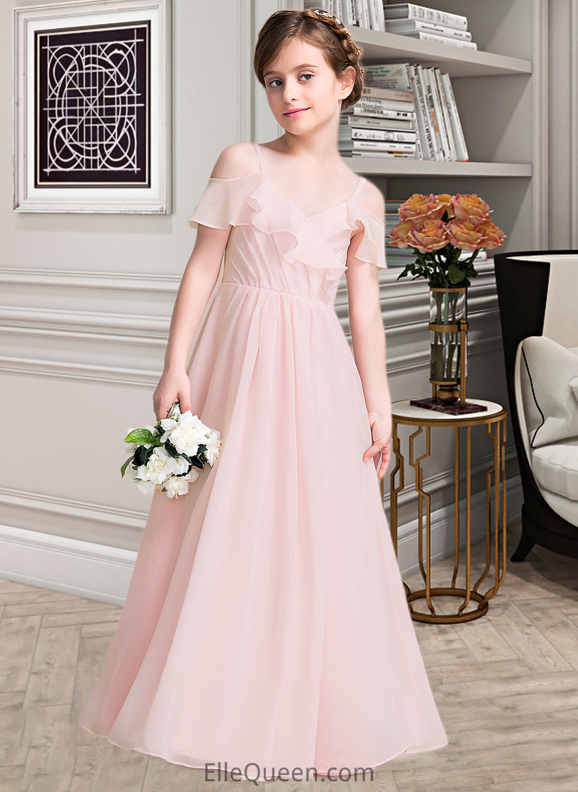 Gabriela A-Line V-neck Floor-Length Chiffon Junior Bridesmaid Dress With Cascading Ruffles DGP0013567