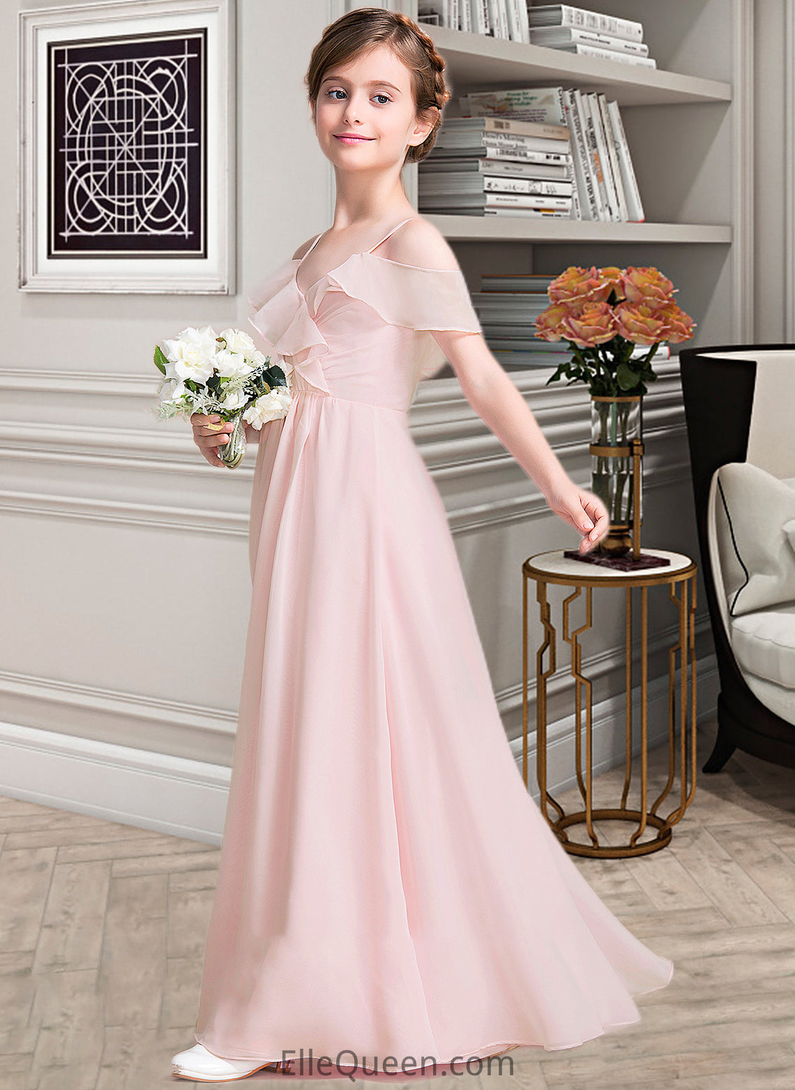 Gabriela A-Line V-neck Floor-Length Chiffon Junior Bridesmaid Dress With Cascading Ruffles DGP0013567