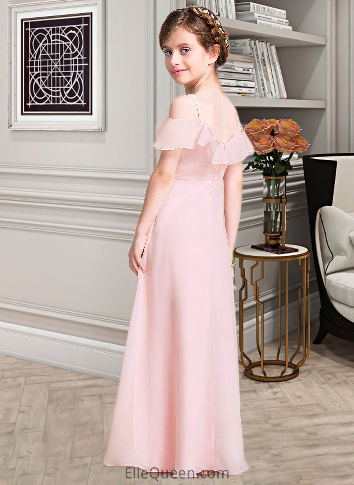 Gabriela A-Line V-neck Floor-Length Chiffon Junior Bridesmaid Dress With Cascading Ruffles DGP0013567