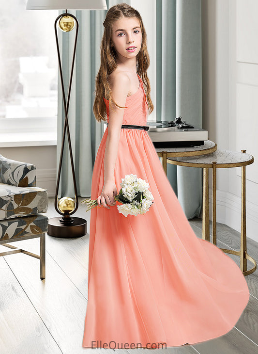 Marcie A-Line One-Shoulder Floor-Length Chiffon Junior Bridesmaid Dress With Ruffle Bow(s) DGP0013570