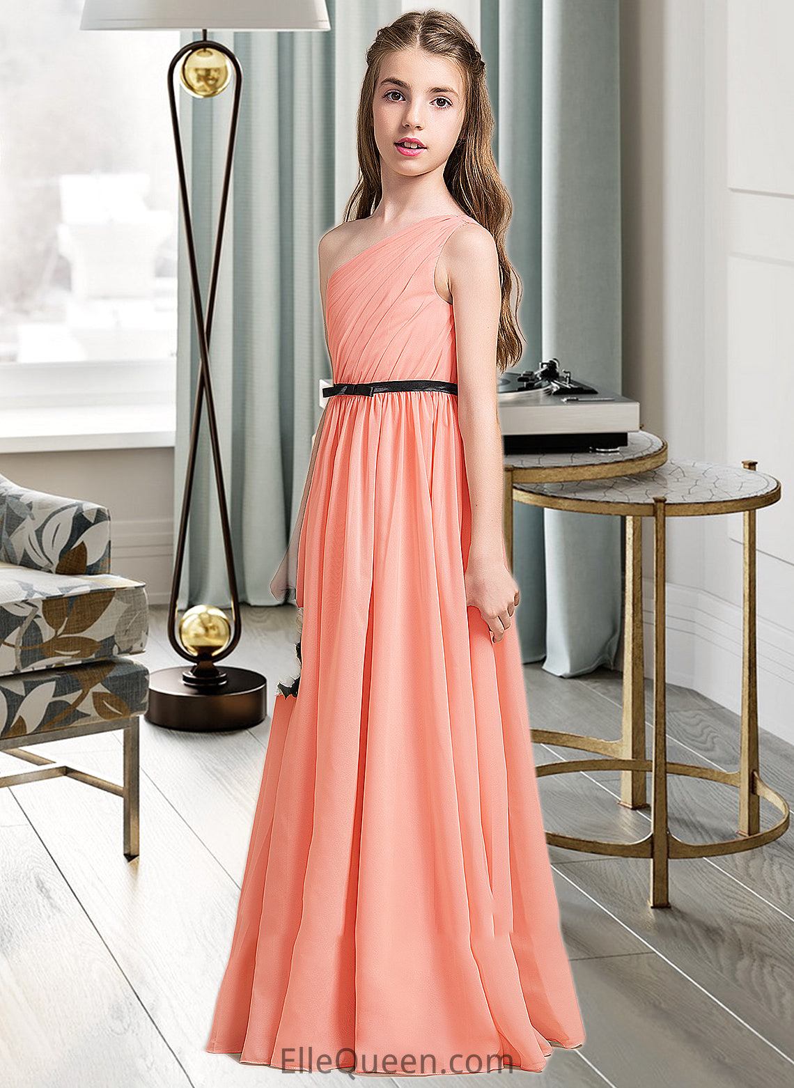 Marcie A-Line One-Shoulder Floor-Length Chiffon Junior Bridesmaid Dress With Ruffle Bow(s) DGP0013570