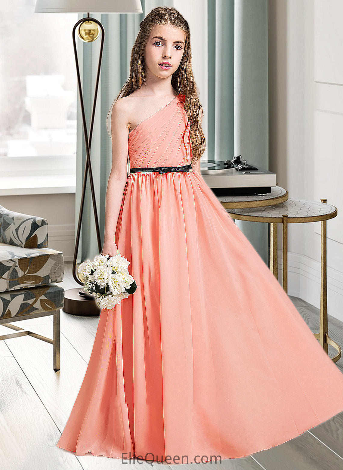 Marcie A-Line One-Shoulder Floor-Length Chiffon Junior Bridesmaid Dress With Ruffle Bow(s) DGP0013570