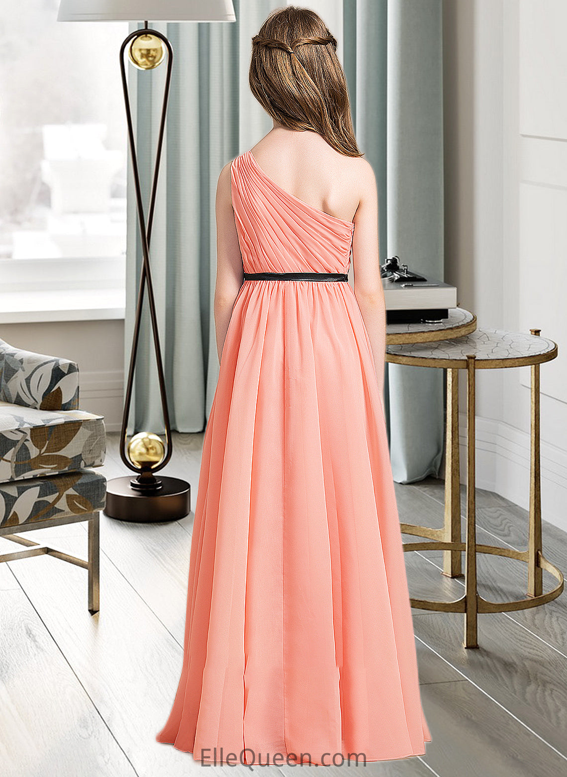 Marcie A-Line One-Shoulder Floor-Length Chiffon Junior Bridesmaid Dress With Ruffle Bow(s) DGP0013570