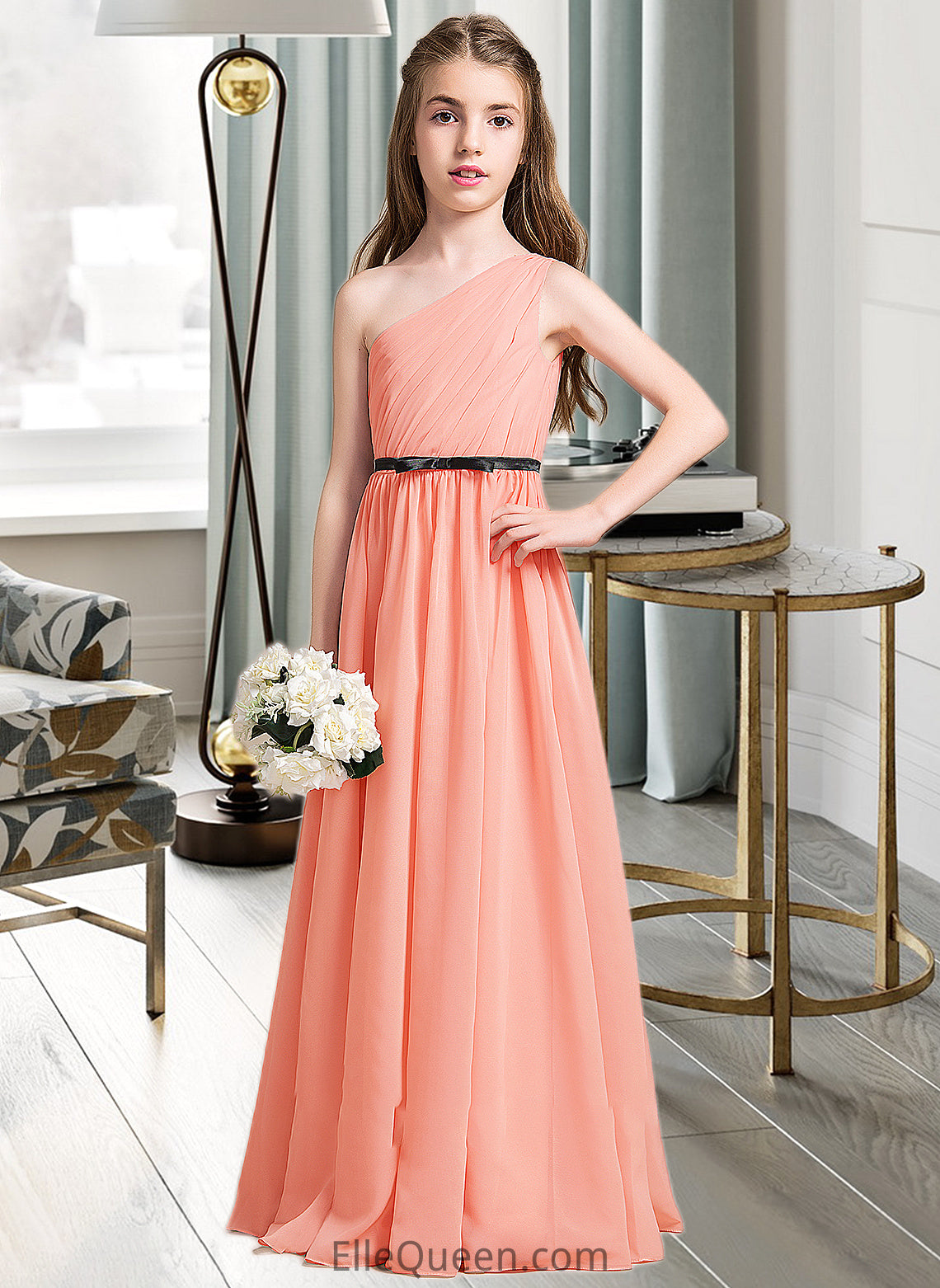 Marcie A-Line One-Shoulder Floor-Length Chiffon Junior Bridesmaid Dress With Ruffle Bow(s) DGP0013570