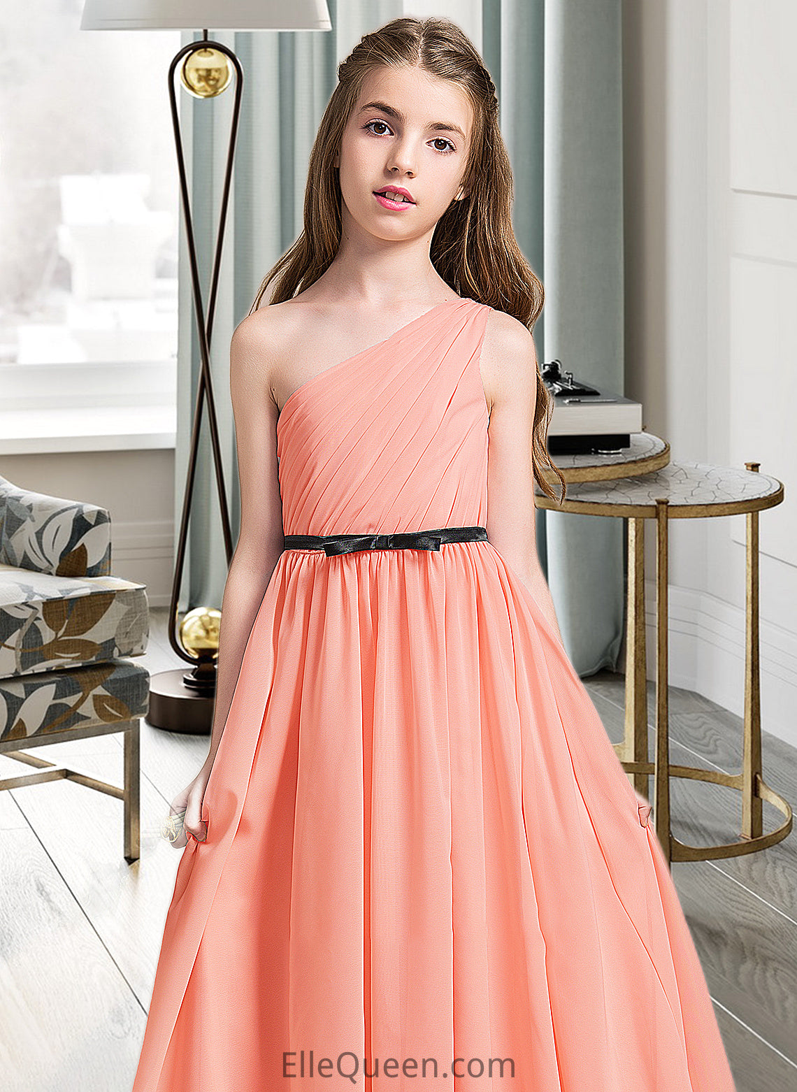 Marcie A-Line One-Shoulder Floor-Length Chiffon Junior Bridesmaid Dress With Ruffle Bow(s) DGP0013570