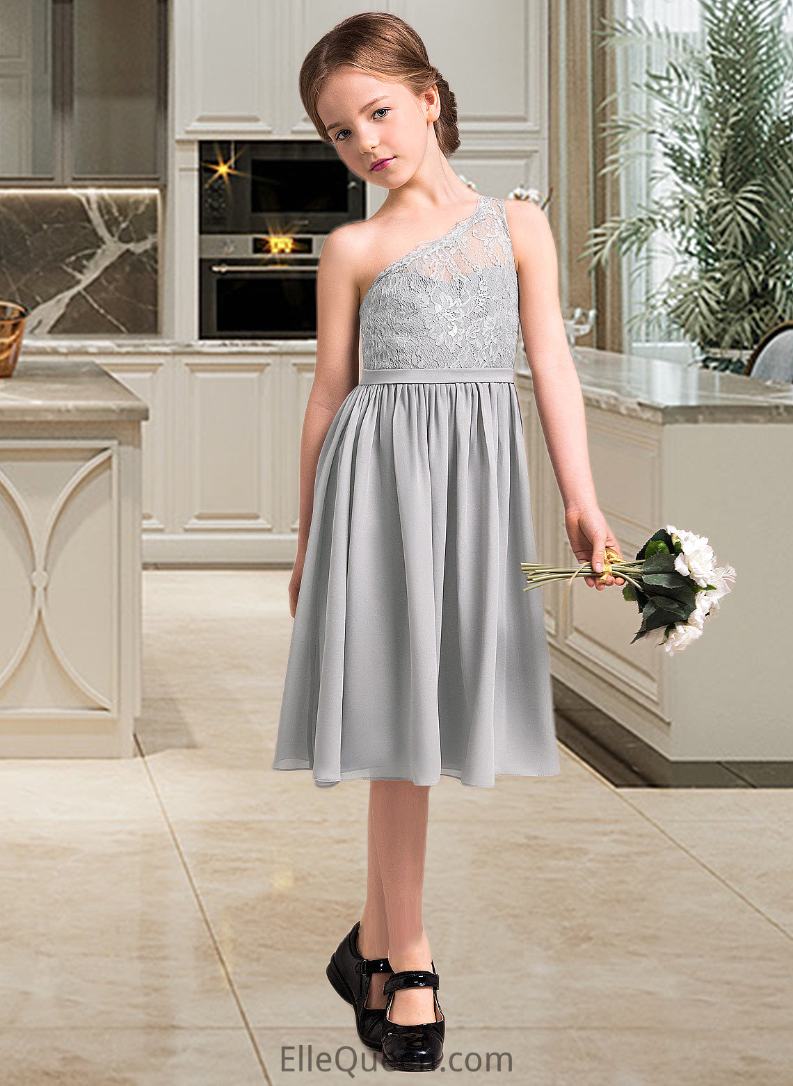 Yesenia A-Line One-Shoulder Knee-Length Chiffon Lace Junior Bridesmaid Dress DGP0013571