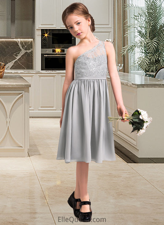 Yesenia A-Line One-Shoulder Knee-Length Chiffon Lace Junior Bridesmaid Dress DGP0013571