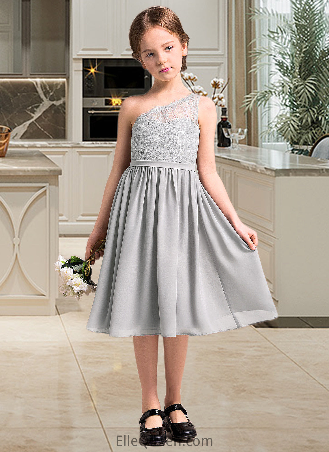 Yesenia A-Line One-Shoulder Knee-Length Chiffon Lace Junior Bridesmaid Dress DGP0013571