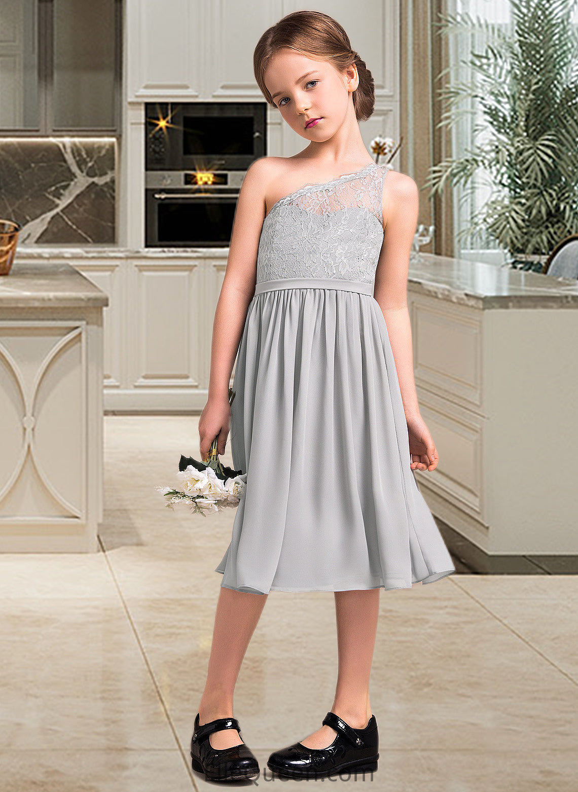 Yesenia A-Line One-Shoulder Knee-Length Chiffon Lace Junior Bridesmaid Dress DGP0013571