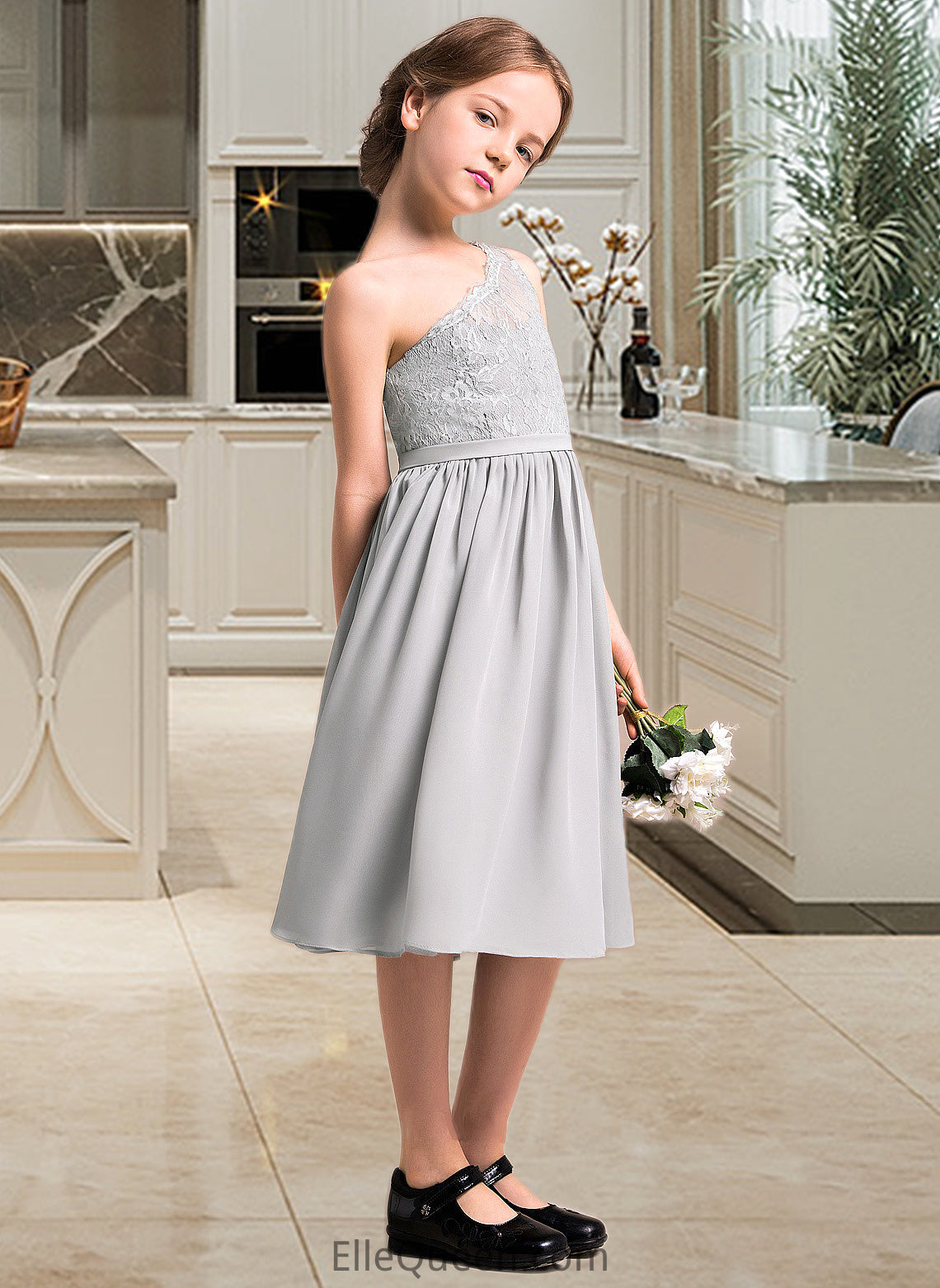 Yesenia A-Line One-Shoulder Knee-Length Chiffon Lace Junior Bridesmaid Dress DGP0013571