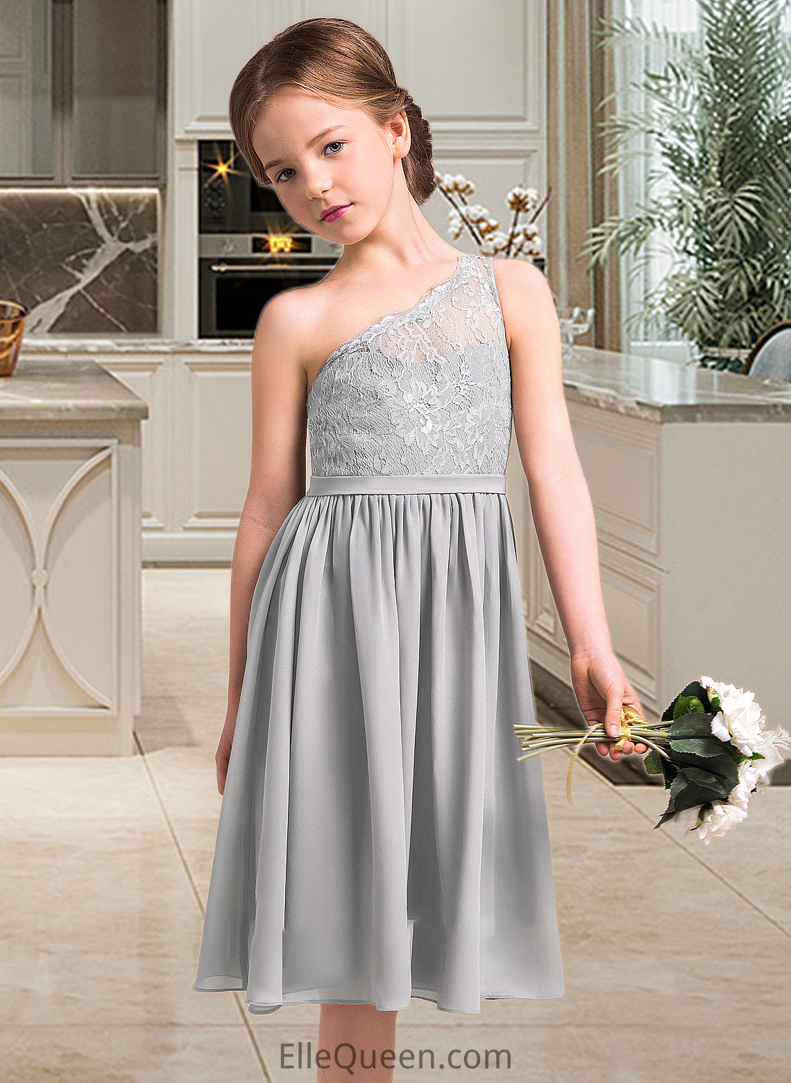 Yesenia A-Line One-Shoulder Knee-Length Chiffon Lace Junior Bridesmaid Dress DGP0013571