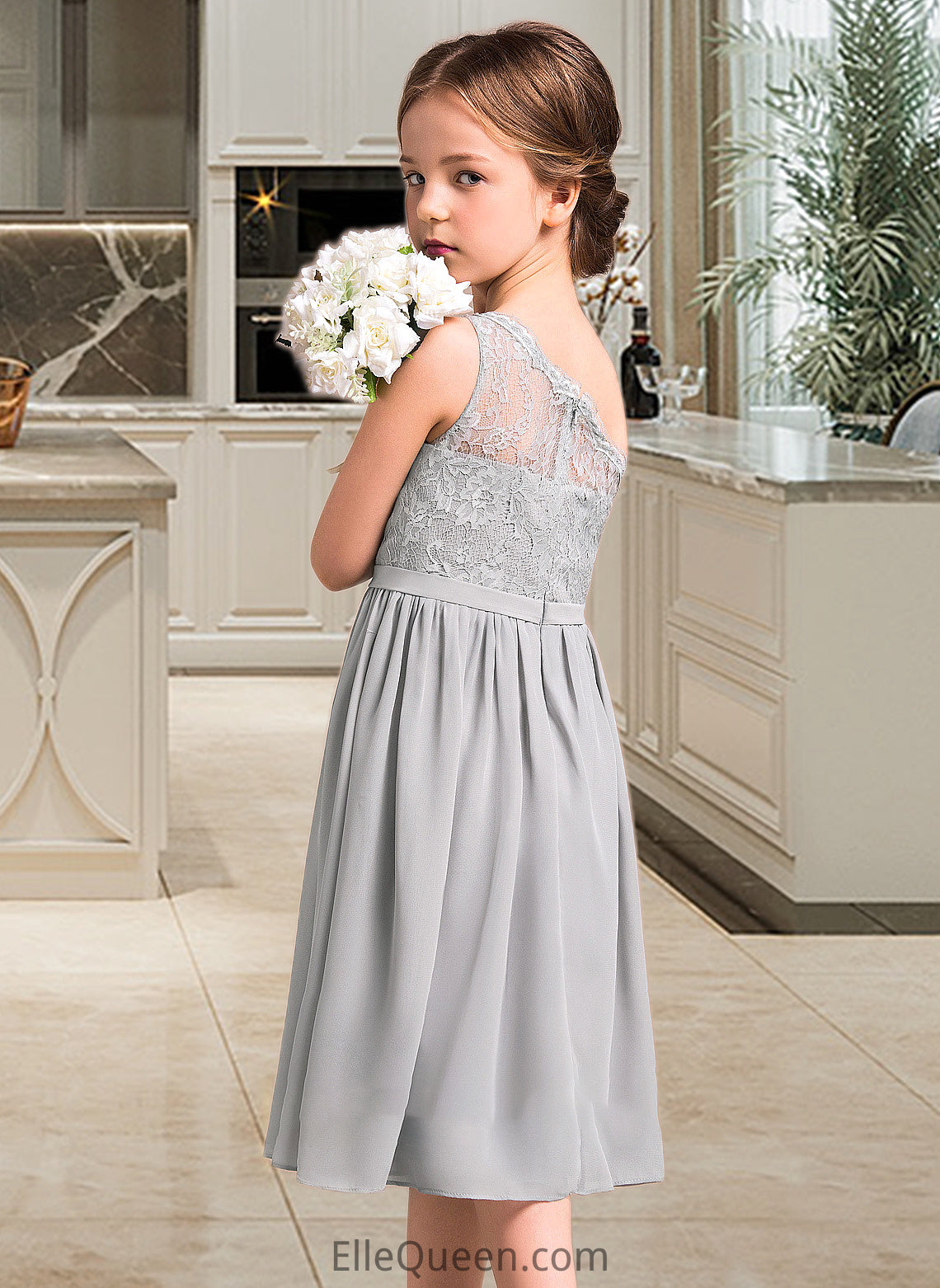 Yesenia A-Line One-Shoulder Knee-Length Chiffon Lace Junior Bridesmaid Dress DGP0013571