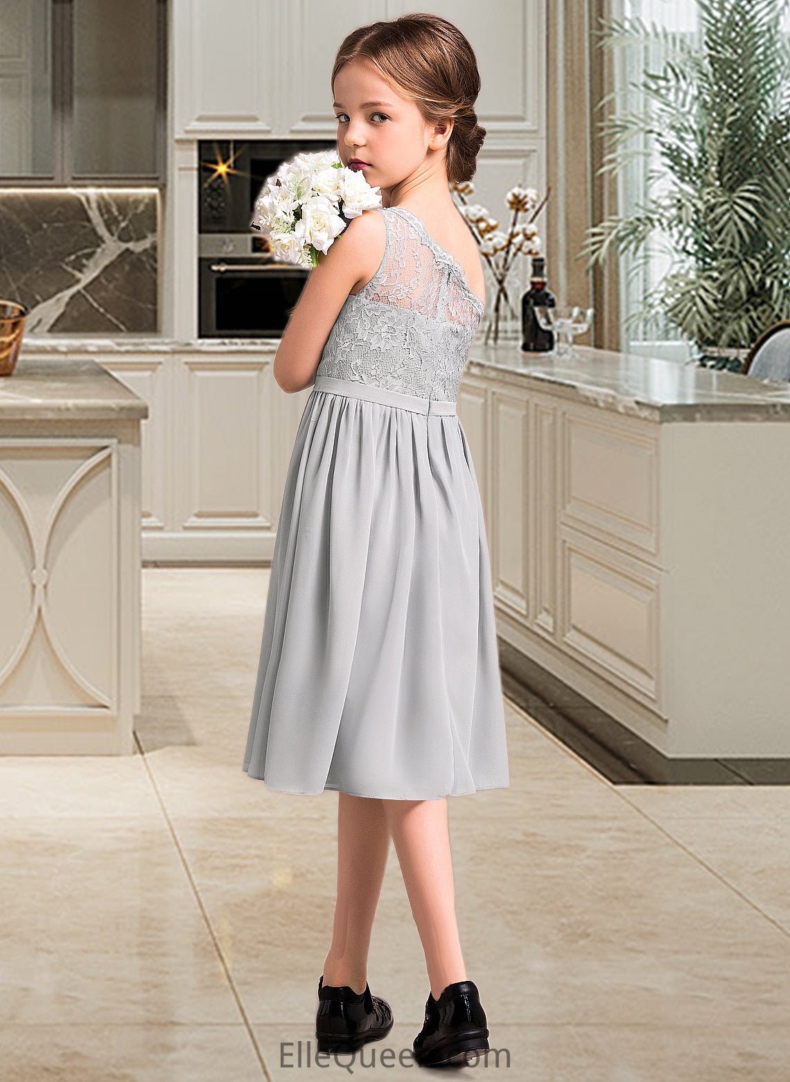 Yesenia A-Line One-Shoulder Knee-Length Chiffon Lace Junior Bridesmaid Dress DGP0013571