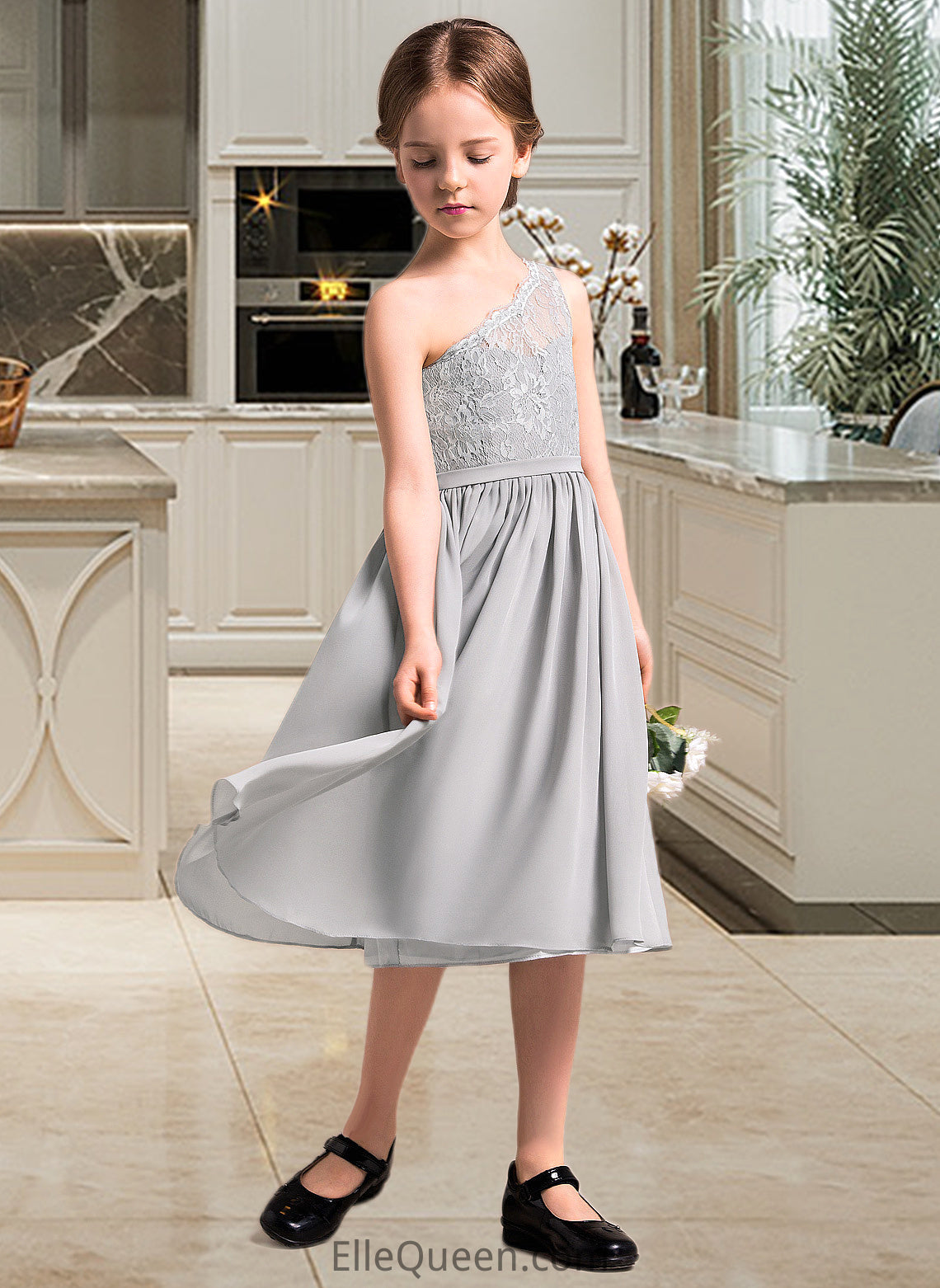 Yesenia A-Line One-Shoulder Knee-Length Chiffon Lace Junior Bridesmaid Dress DGP0013571