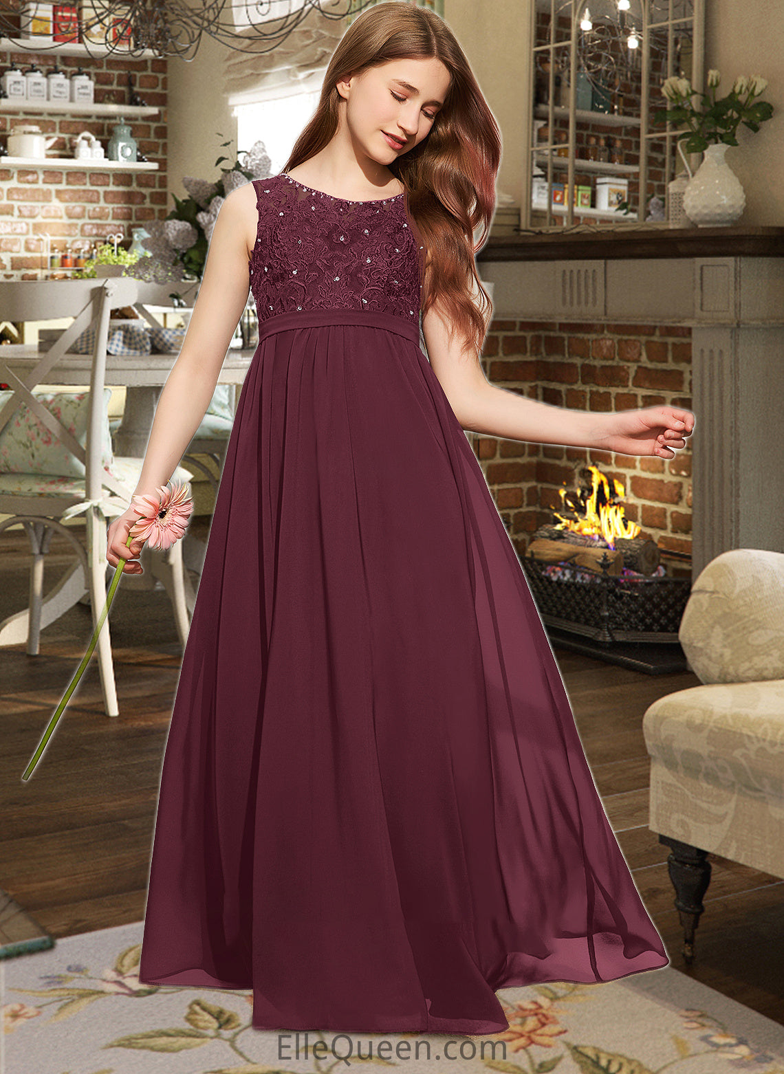 Caitlyn A-Line Scoop Neck Floor-Length Chiffon Lace Junior Bridesmaid Dress With Beading Sequins DGP0013572