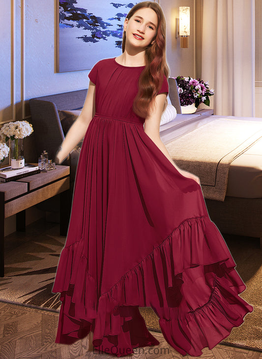 Moira A-Line Scoop Neck Floor-Length Chiffon Junior Bridesmaid Dress With Appliques Lace Bow(s) Cascading Ruffles DGP0013573