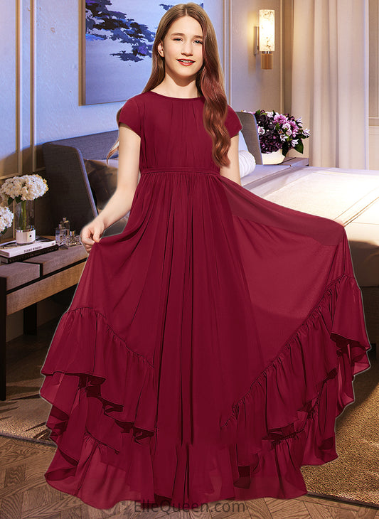 Moira A-Line Scoop Neck Floor-Length Chiffon Junior Bridesmaid Dress With Appliques Lace Bow(s) Cascading Ruffles DGP0013573