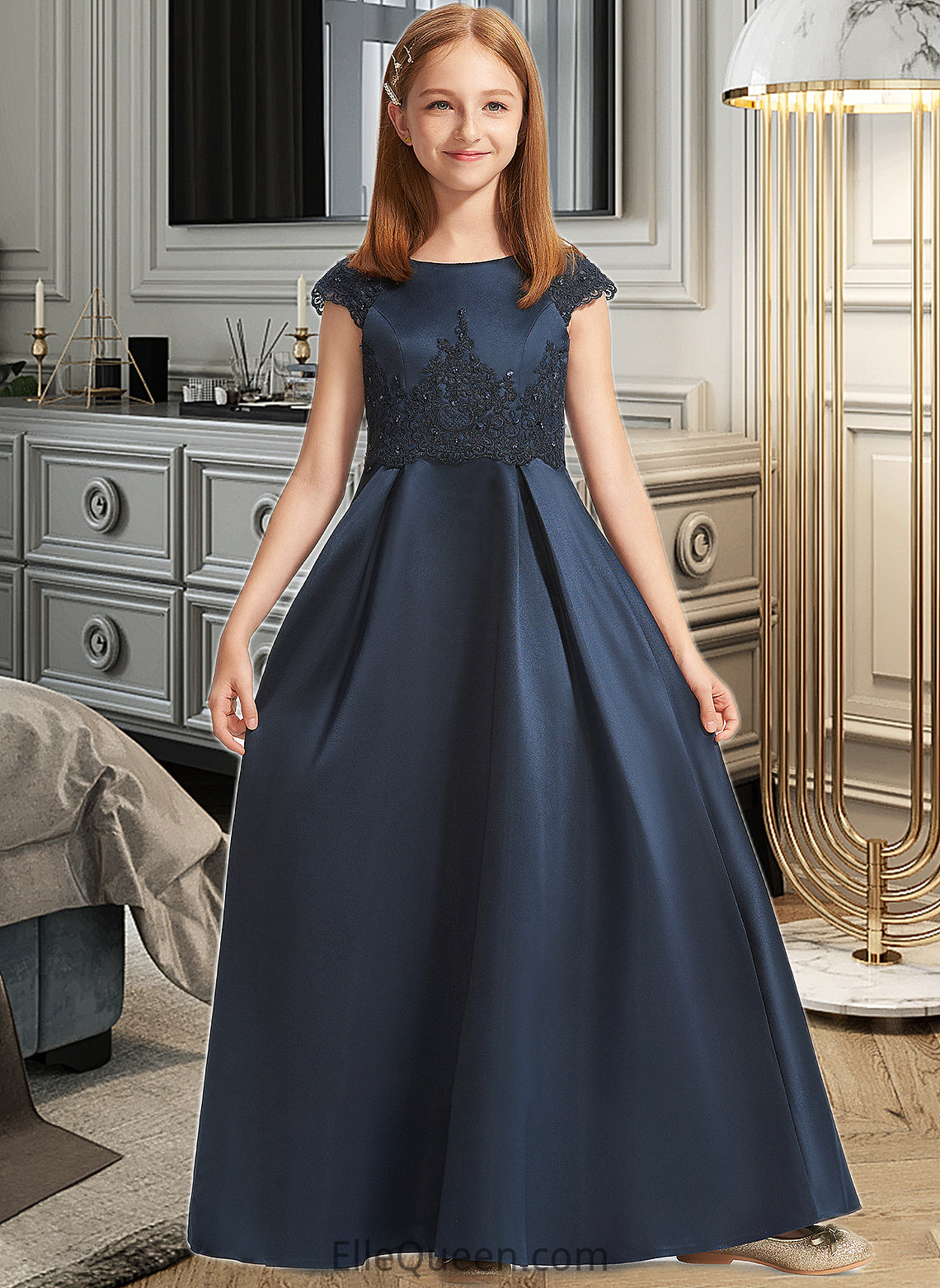 Kinsley A-Line Scoop Neck Floor-Length Satin Lace Junior Bridesmaid Dress With Beading Sequins Bow(s) DGP0013574