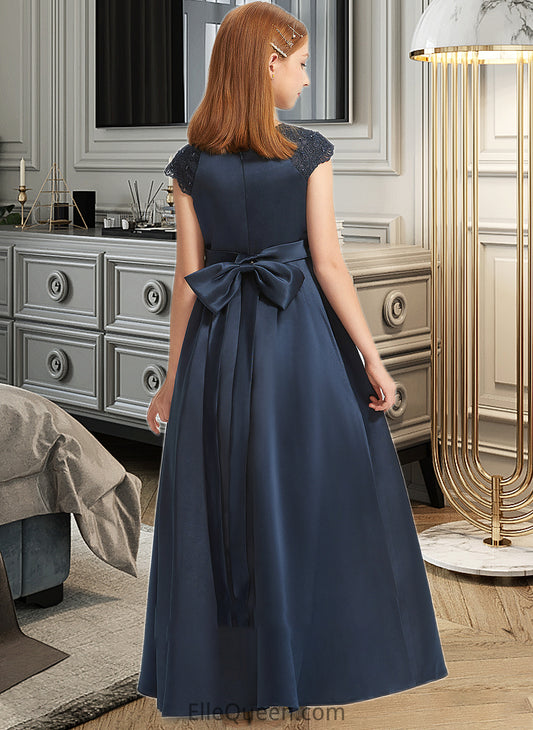 Kinsley A-Line Scoop Neck Floor-Length Satin Lace Junior Bridesmaid Dress With Beading Sequins Bow(s) DGP0013574