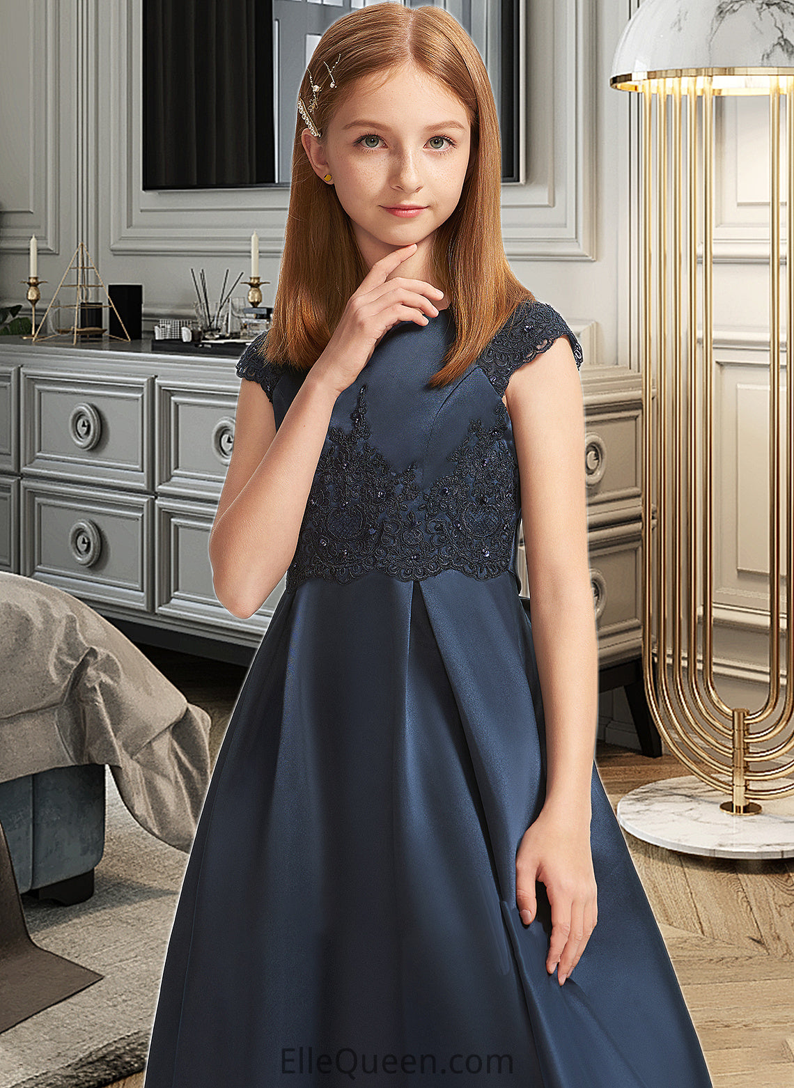 Kinsley A-Line Scoop Neck Floor-Length Satin Lace Junior Bridesmaid Dress With Beading Sequins Bow(s) DGP0013574