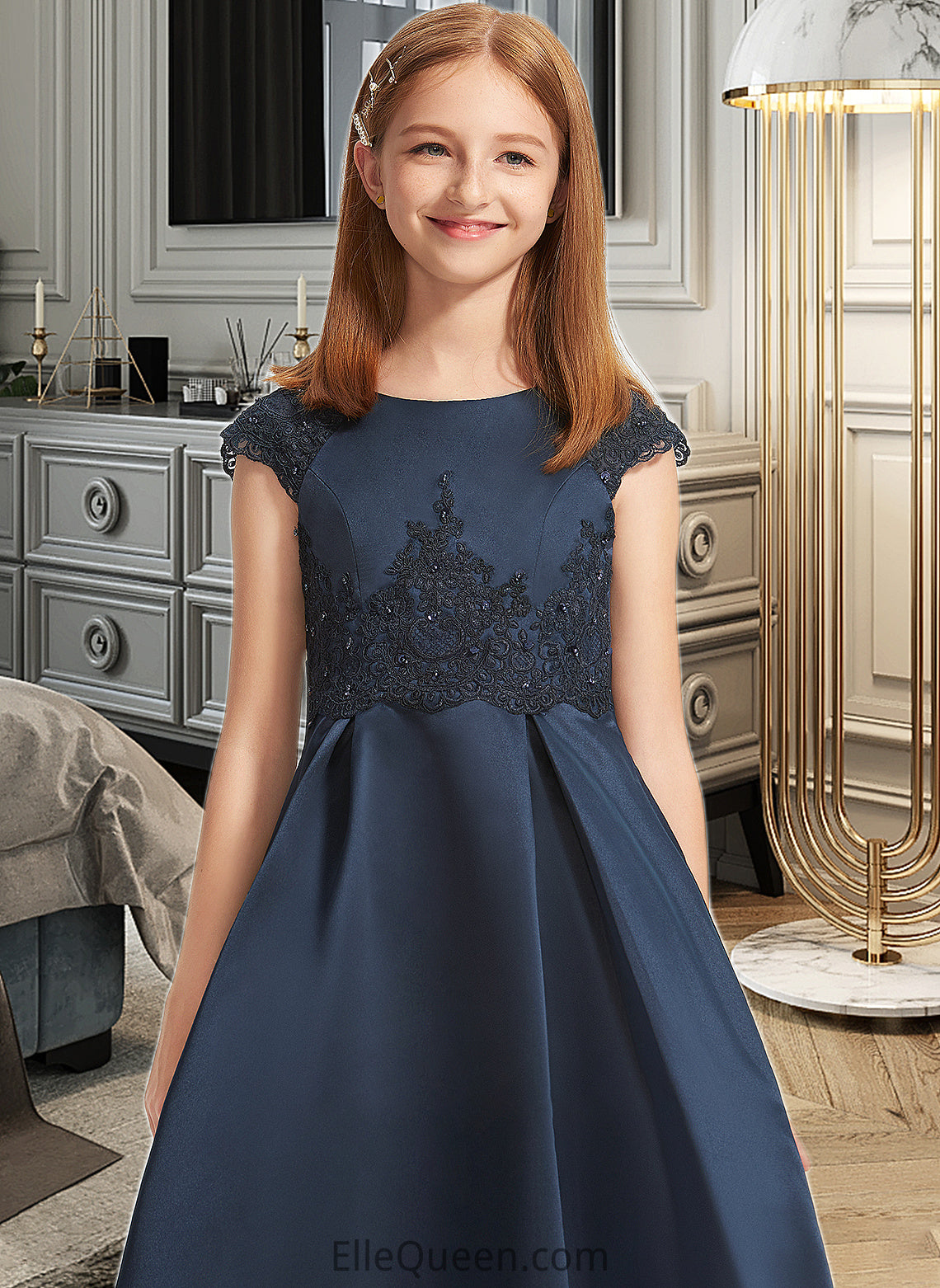 Kinsley A-Line Scoop Neck Floor-Length Satin Lace Junior Bridesmaid Dress With Beading Sequins Bow(s) DGP0013574