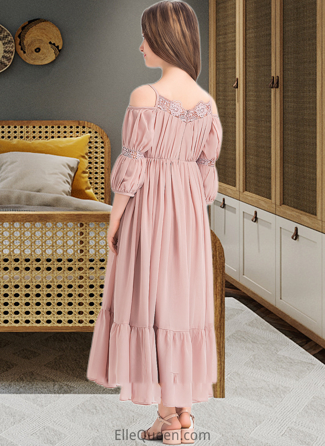 Gabrielle A-Line Square Neckline Ankle-Length Chiffon Junior Bridesmaid Dress With Ruffle Lace DGP0013575