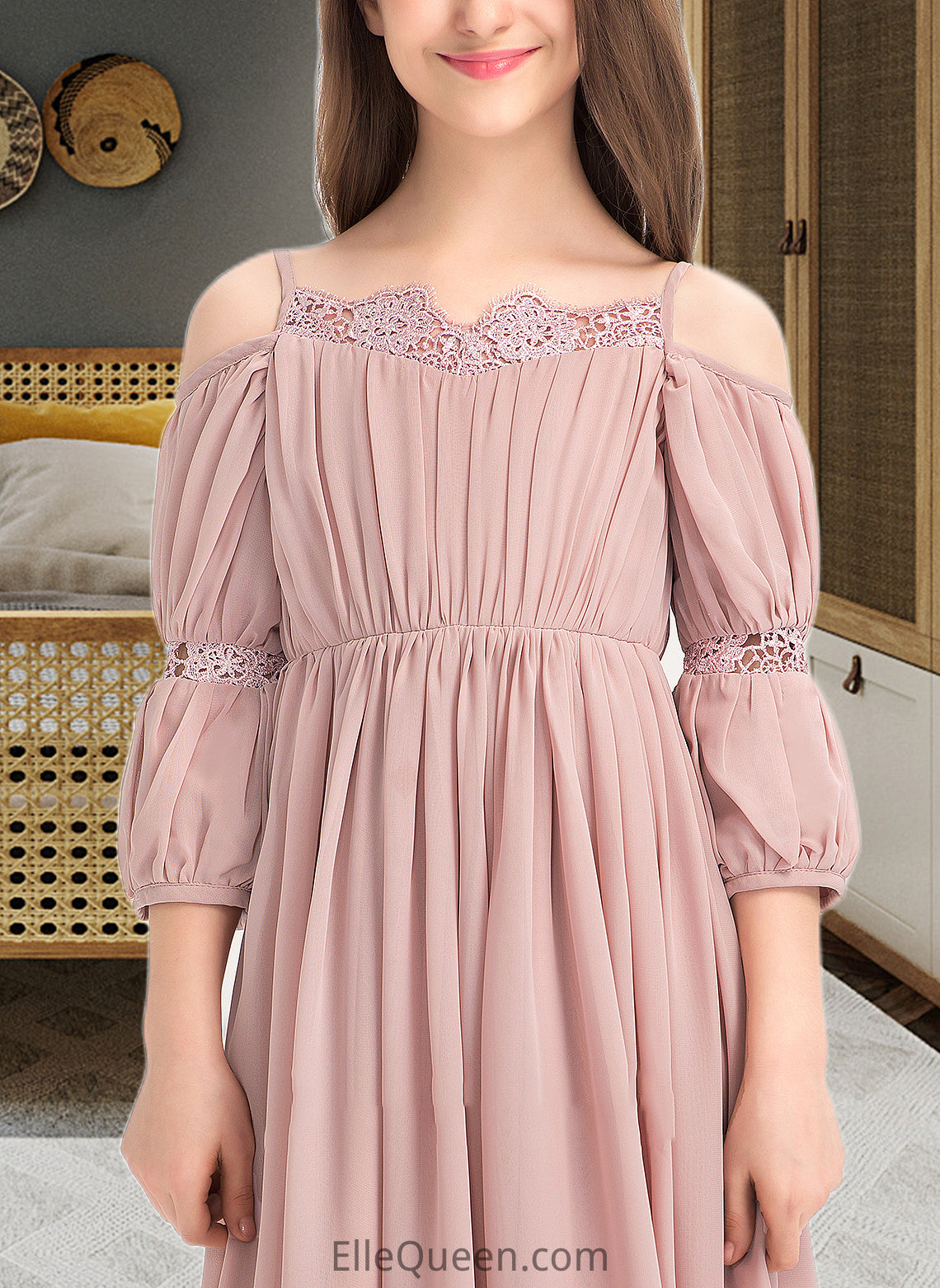 Gabrielle A-Line Square Neckline Ankle-Length Chiffon Junior Bridesmaid Dress With Ruffle Lace DGP0013575