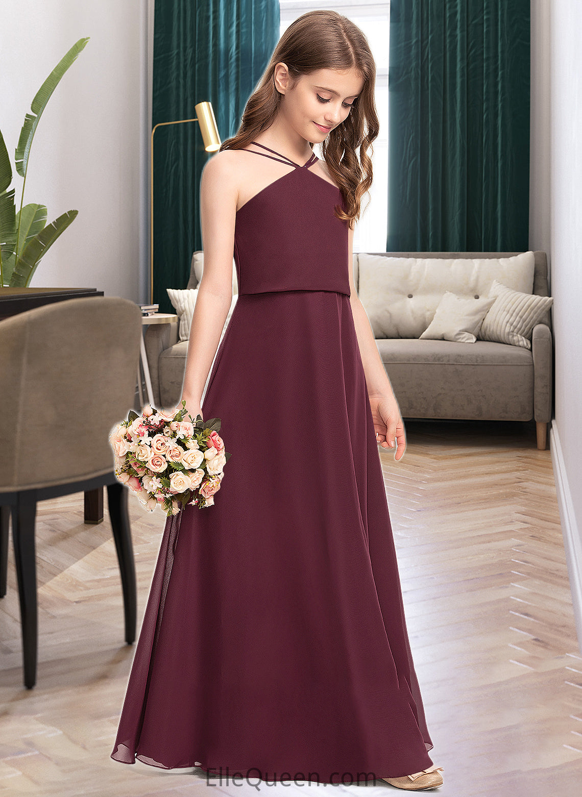 Margery A-Line V-neck Floor-Length Chiffon Junior Bridesmaid Dress DGP0013577