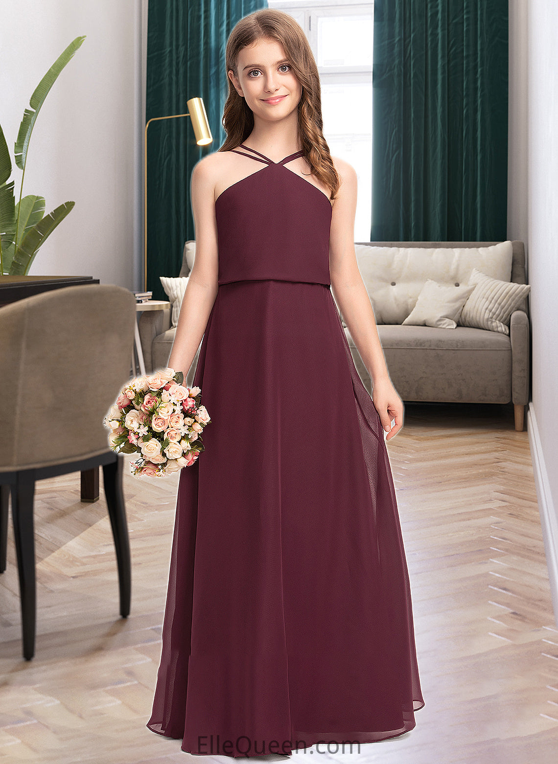 Margery A-Line V-neck Floor-Length Chiffon Junior Bridesmaid Dress DGP0013577