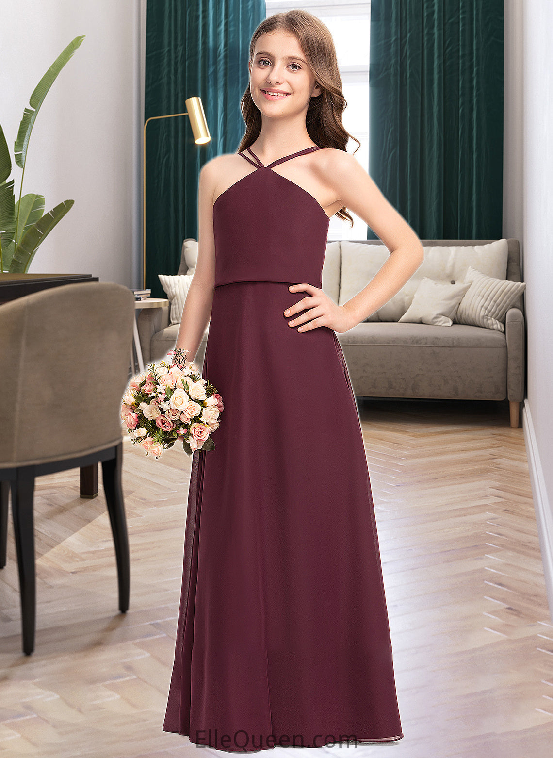 Margery A-Line V-neck Floor-Length Chiffon Junior Bridesmaid Dress DGP0013577