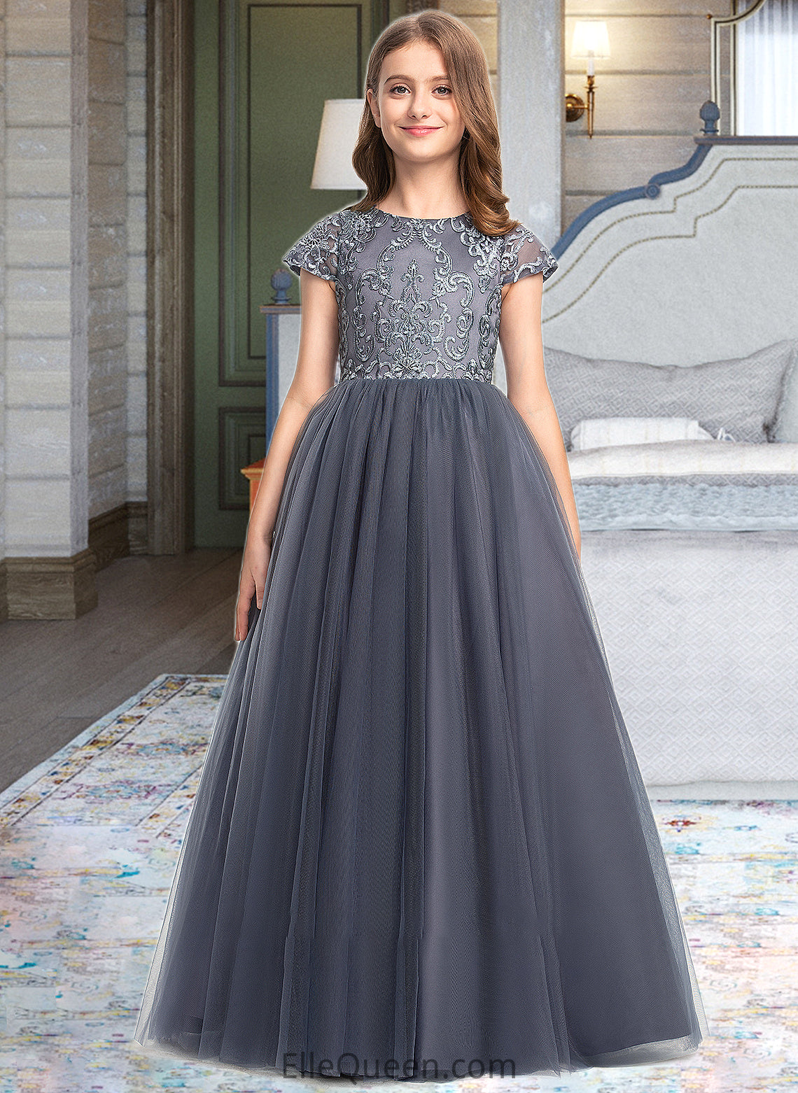 Rosalyn Ball-Gown/Princess Scoop Neck Floor-Length Tulle Lace Junior Bridesmaid Dress DGP0013578