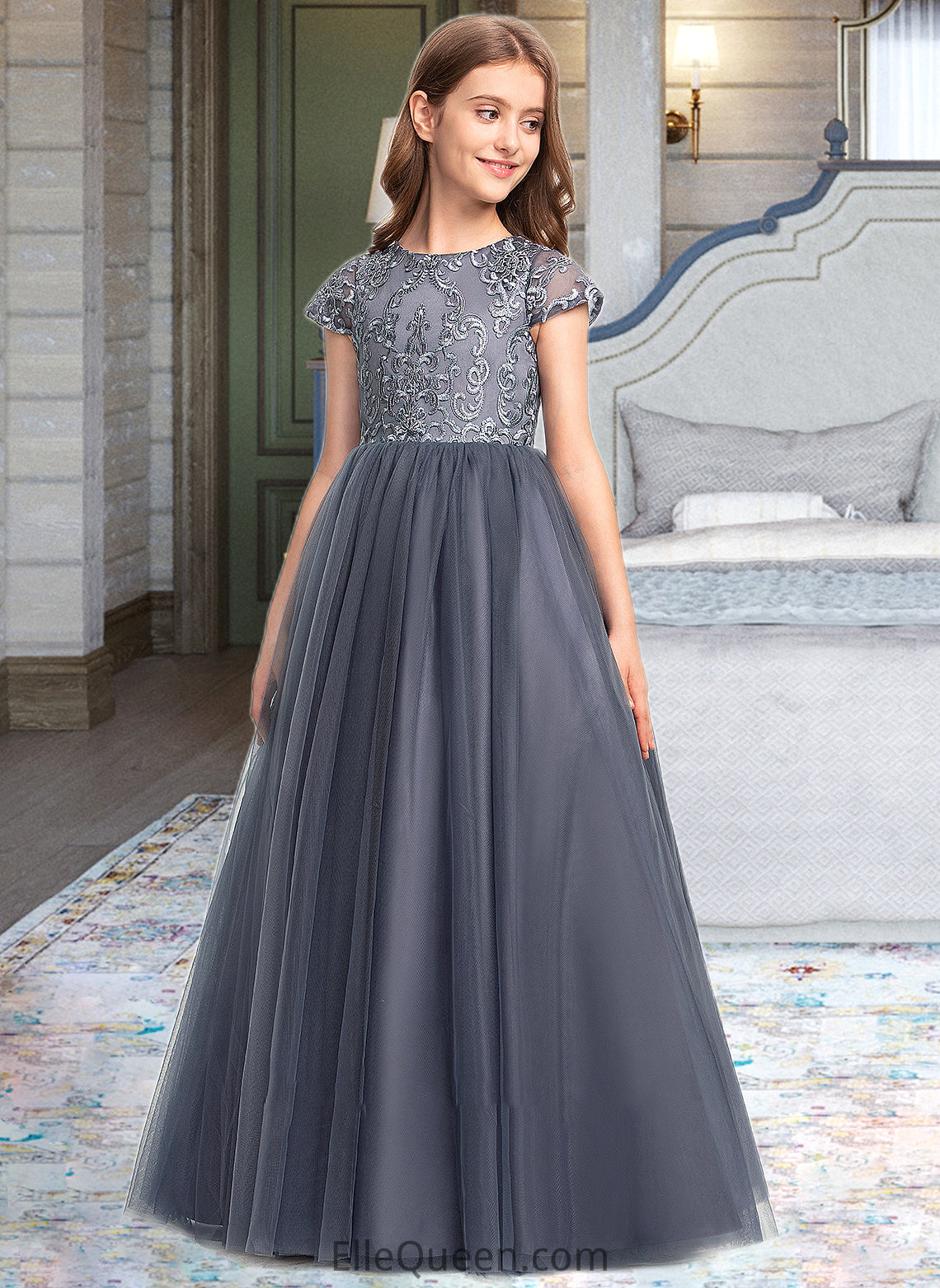 Rosalyn Ball-Gown/Princess Scoop Neck Floor-Length Tulle Lace Junior Bridesmaid Dress DGP0013578